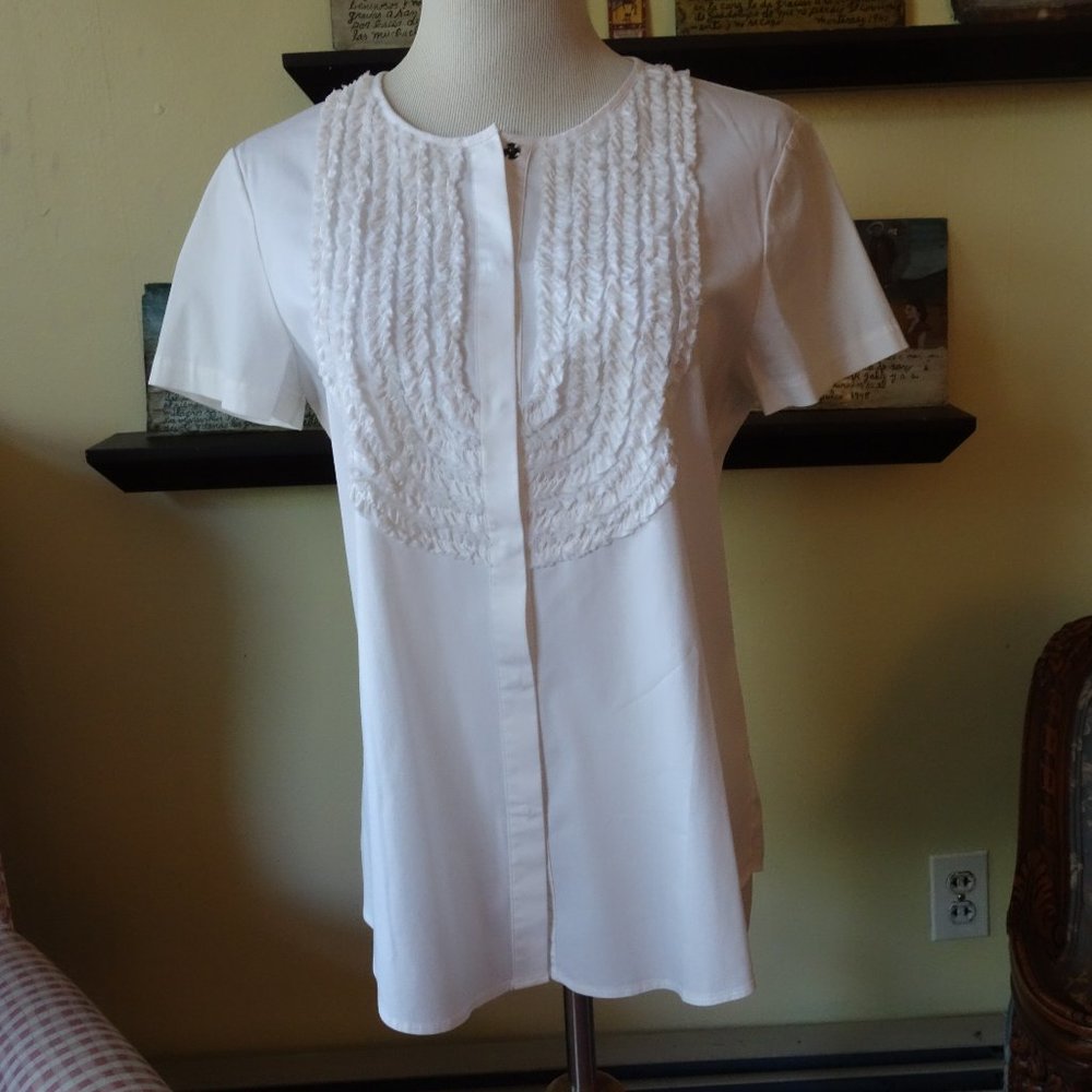 Theory Ruffled Blouse - So Smart & Clean! Short Sleeves, Size M (6-10)